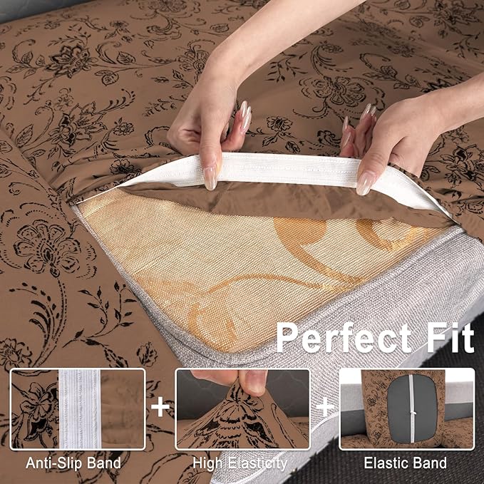 Leather Look Couch Cushion Covers Sofa Seat Slipcovers Sets Couches Furniture Protector for Sectional Armchair Loveseat Pets Kids Stretch Spandex Fabric (3 Cushion Sofa, Brown 02Flower)