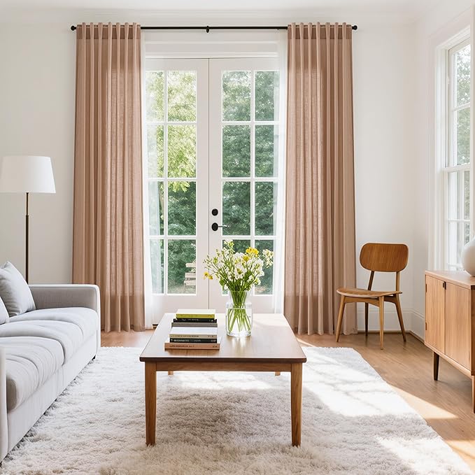 Nanspring Linen Curtains 108 Inches for Baby Girl Bedroom Set Extra Long Back Tab Curtain Light Filtering Semi Sheer Peach Drapes Floor to Ceiling Curtain for Large Windows 52x108,2 Panels