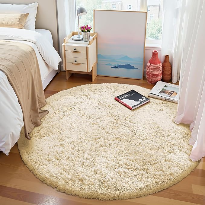 OLANLY Cream Round Rugs for Bedroom - Machine Washable, 4 ft Circle Area Rugs for Living Room, Soft and Fluffy Shaggy Carpet for Teen Girl and Boys, Nursery Rooms, Dorms, Home Decor Aesthetic