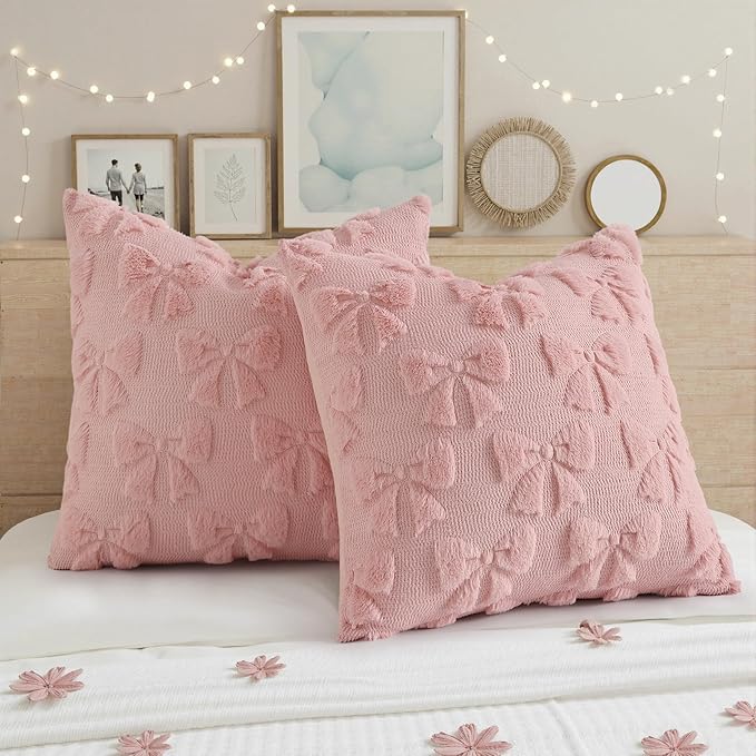 decorUhome Pink Bow Pillow Covers Set of 2 Coquette Aesthetic Cute Preppy Plush Faux Pillowcases for Girly Bedroom or Couch 20x20 Inch