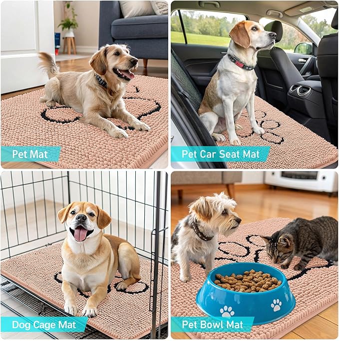 OLANLY Dog Door Mat for Muddy Paws 30x20, Paw Print Design, Absorbs Moisture and Dirt, Absorbent Non-Slip Washable Doormat, Quick Dry Chenille Mud Mat for Dogs, Entry Indoor Entryway Carpet, Peach
