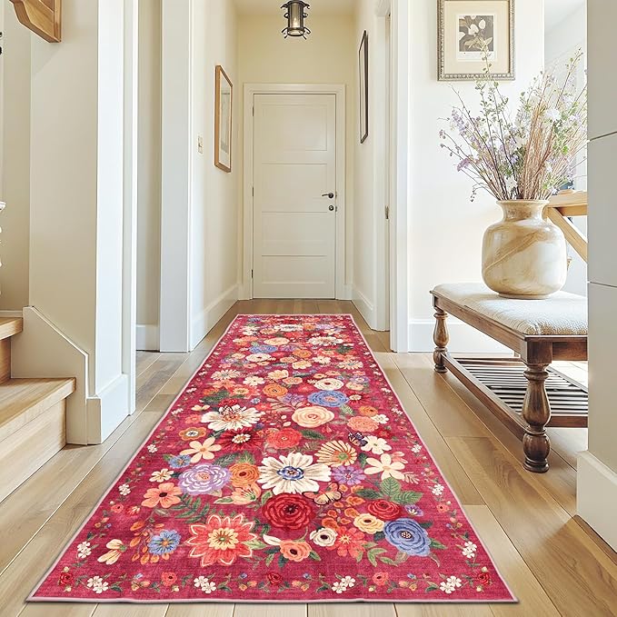 Rug for Hallways Kitchen Rug 3x7, Non Slip Washable Rugs with Rubber Backing Soft Floral Carpet Runner for Hallways, Kitchen, Laundry, Bedroom, Bathroom(3 x 7, Red Garden)