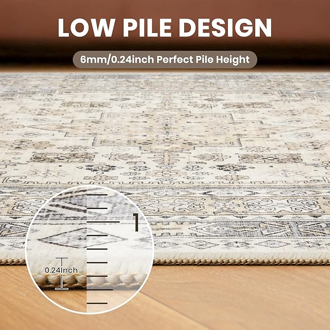 zesthome Washable Round Rug - 5ft Ultra-Thin Circle Area Rugs, Vintage Non-Slip Low Pile Rug for Living Room, Stain Resistant Rug for Bedroom, Entryway, Kitchen, Nursery