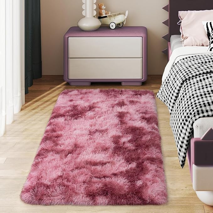 Soft Runner Rugs for Bedroom Hallways, 2x4 Tie-Dyed Blush Pink Fluffy Shag Throw Area Rug Non Slip for Bedside Dorm, Long Shaggy Furry Carpet for Nursery Living Room