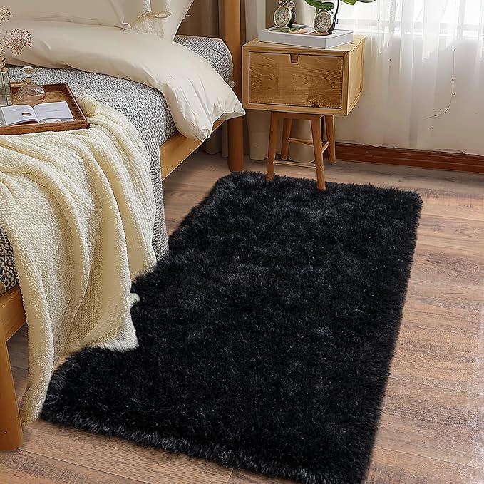 Soft Runner Rugs for Bedroom Hallways, 2x4 Black Fluffy Shag Throw Area Rug Non Slip for Bedside Dorm, Long Shaggy Furry Carpet for Nursery Living Room