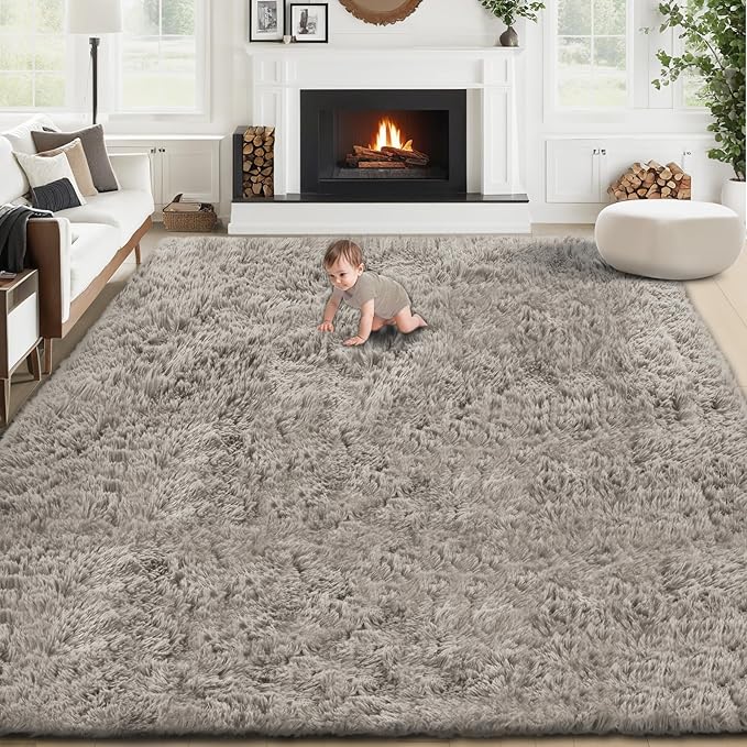 8x10 Area Rugs for Living Room: Fluffy Shag Soft Washable Rug Large Fuzzy Plush Indoor Carpet for Bedroom Nursery Playroom Kids Girls Boys Room (Grey Camel, 8'x10')