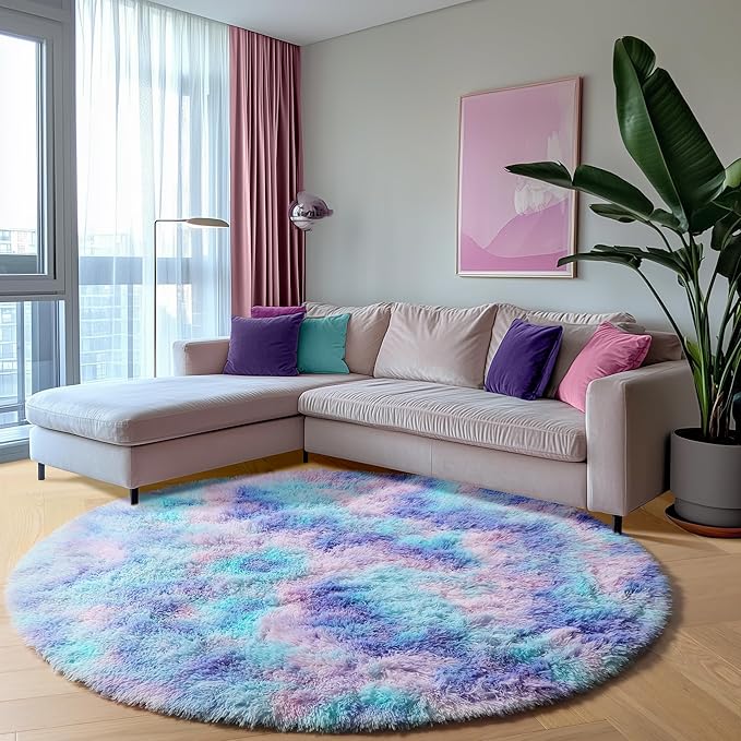 ONASAR Rainbow Round Area Rugs 6ft, Fluffy Soft Bedroom Circle Rug for Kids Girls Boys Teen Room, Plush Shaggy Floor Carpet Mats for Dorm Nursery Living Room Playroom Home Decor Aesthetic