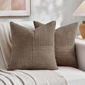 Fancy Homi Set of 2, Light Brown Patchwork Corduroy Decorative Soft Striped Modern Accent Cushion Case Farmhouse Boho Neutral Throw Pillow Covers for Chair Couch Bed Sofa Living Room 14x14 Inch