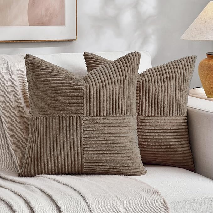 Fancy Homi Set of 2, Light Brown Patchwork Corduroy Decorative Soft Striped Modern Accent Cushion Case Farmhouse Boho Neutral Throw Pillow Covers for Chair Couch Bed Sofa Living Room 14x14 Inch