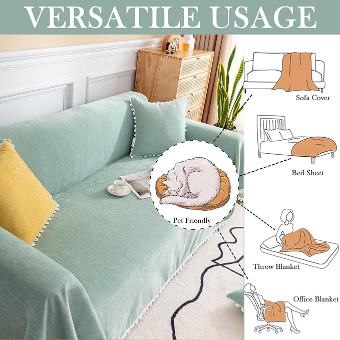 HANDONTIME Light Green Couch Covers for 3 Cushion Couch Sofa Cute Sofa Covers Chenille Couch Cover for Dogs Sectional Sofa L Shape Futon Couch (71" X134", Green)