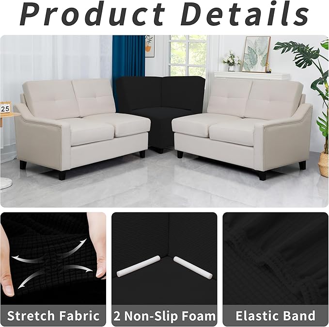 Easy-Going Stretch Sectional Corner Sofa Slipcover 1-Piece Couch Sofa Cover Furniture Protector Soft with Elastic Bottom for Kids, Pet, Spandex Jacquard Fabric Black