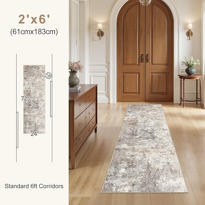 UERMEI 2X6 Washable Runner Rug for Hallway: Soft Neutral Modern Abstract Area Rug - Non-Slip Low Pile Long Throw Indoor Carpet for Kitchen Entryway Kitchen Bedroom Laundry Bathroom - Brown Grey