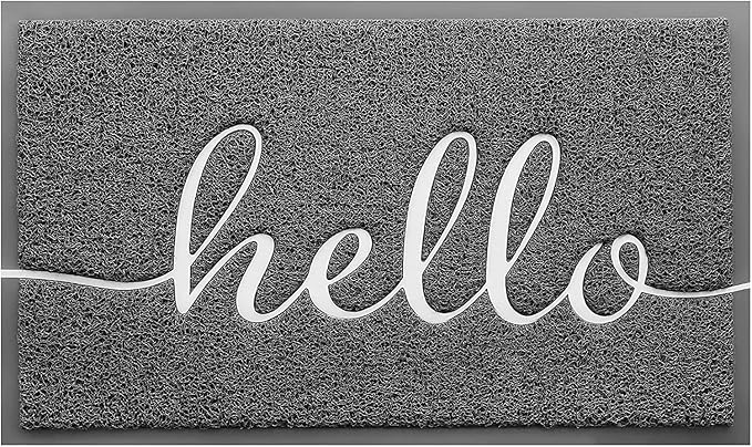 CozyBounty Door Mat Hello Mats Outdoor Indoor Non-Slip Doormat for Entryway Low-Profile Floor Mat for Yard, Garage, High Traffic Areas (32"x20", Grey)