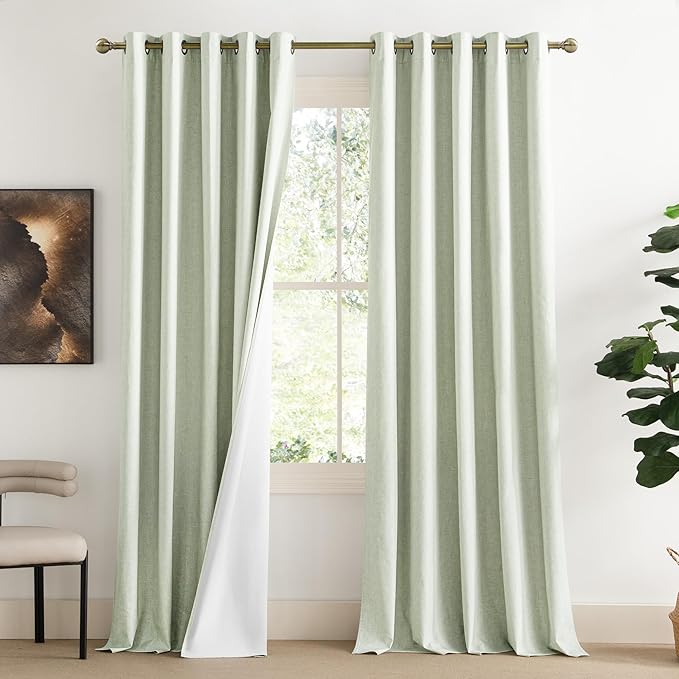 NICETOWN 100% Blackout Linen Curtains with Thermal Insulated White Liner, Sage Green, W62, 2 Pieces, Noise Reducing Textured Linen Look Curtains for Windows 108" Length for Classroom
