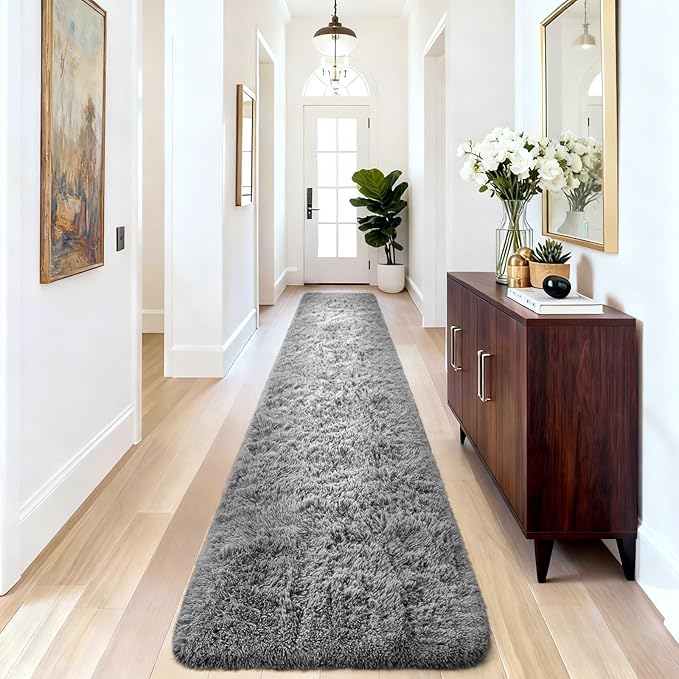 Ophanie 2x10 Runner Rug for Hallway, Upgrade Non-Slip Fluffy Soft Bedside Rugs, Bedroom Living Room Grey Shaggy Gray Carpet for Kids Girls Boys Dorm Nursery Home Decor Aesthetic