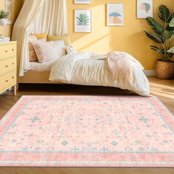 Hazo Haus Pink and Blue Washable 5x8 Living Room Rugs, Boho Aethestic Oushak Vintage Area Rug for Bedroom Girls Kids Playroom Nursery Room, Non-Slip Rubber Backing Stain Resistant