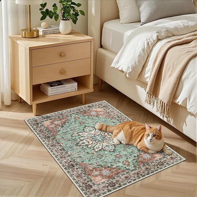 2x3 Area Rugs Living Room Rug: Washable Vintage Distressed Floral Rug No Slip Stain Resistant Soft Carpet Indoor Large Carpets for Bedroom Dining Room Farmhouse Nursery Hallway Home Office Brown Green