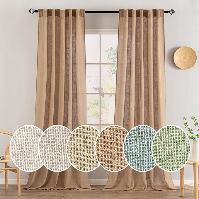 MIULEE Brown Linen Curtains 96 Inches Long for Bedroom Living Room, Soft Thick Linen Textured Window Drapes Semi Sheer Light Filtering Back Tab Rod Pocket Burlap Look Farmhouse Decor, 2 Panels Set