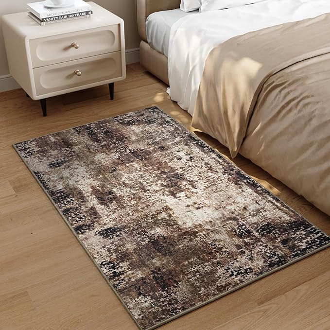 Entrance Rugs Indoor 2x3 Brown Entry Rug Washable Abstract Coffee Small Area Rug Non-Slip Low Pile Throw Rugs for Entryway, Kitchen Floor, Front Door Indoor Door Mat, Bathroom, Bedroom Bedside