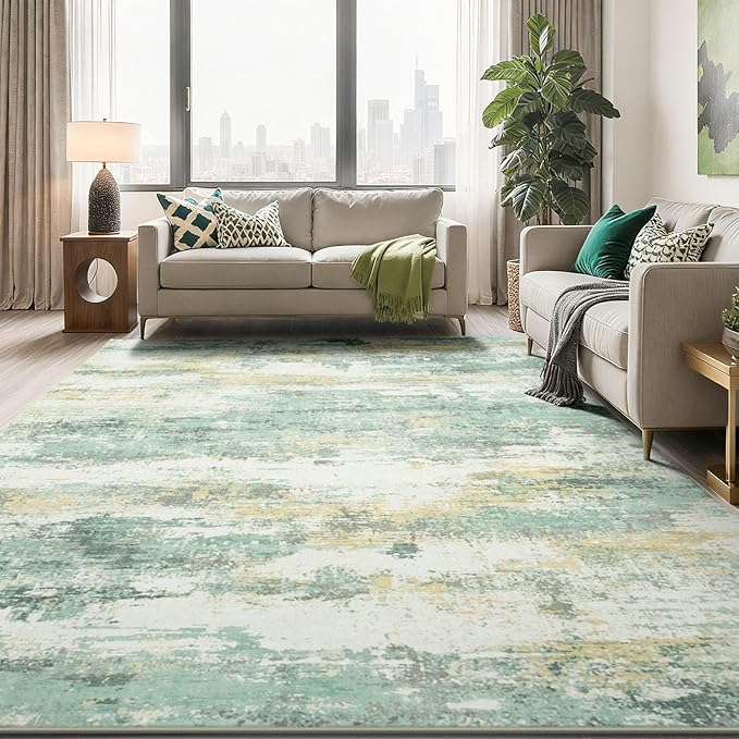Rugflix 8x10 Area Rugs for Living Room, Washable Large Rug Stain-Resistant Low Pile, Modern Carpet for Dining Room Home Office Kid Room Nursery Bedroom, Light Green