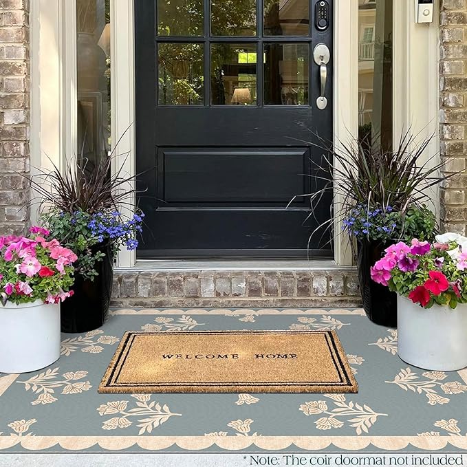 3x5 Floral Entry Rug - Small Washable Indoor Outdoor Mats for Front Door Non-Slip Porch Rug Blue Boho Farmhouse Scalloped Throw Rugs for Living Room Bedroom Entryway Kitchen Office Porch Decor