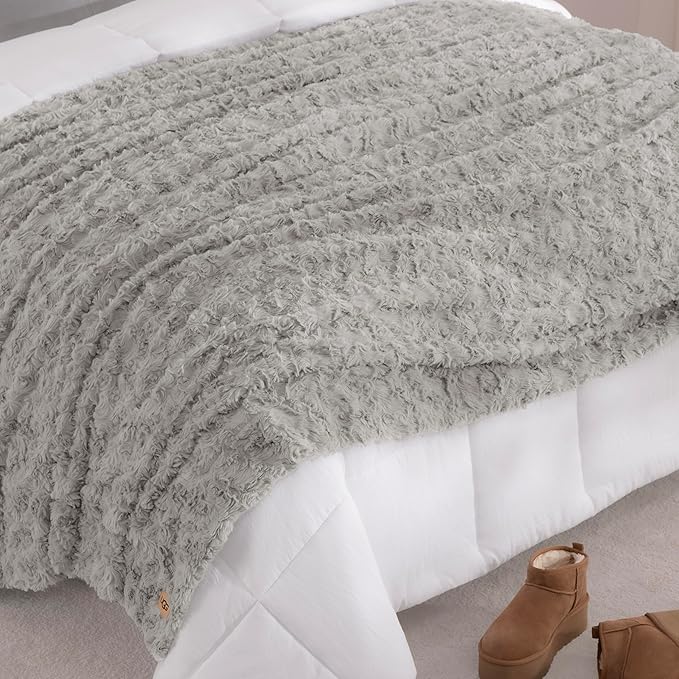 UGG Adalee Faux Fur Full/Queen Blanket, Double-Sided Fluffy Blanket, Cozy Oversized Throw for Couch, Washable Bedding for Full or Queen Bed, Luxury Home Decor, 90" x 90", Seal Grey