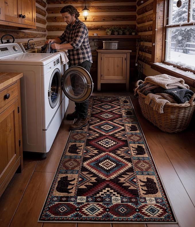 Western Runner Rug 2'8"x8' - Rustic Cabin Washable Rug, Non-Slip Low Pile Soft Carpet, Lodge Geometric Print Floor Runner Rugs for Hallway, Entryway, Bedroom, Kitchen, Laundry
