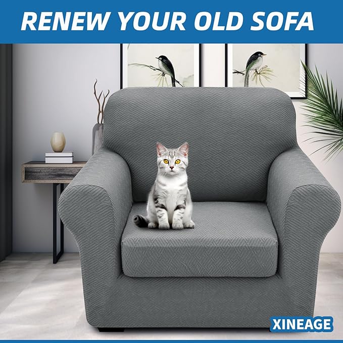 XINEAGE 2026 New 2 Pieces Chair Covers with Arms Super Stretch Chair Slipcover for Living Room Pet Dog Universal Slip Cover Anti Slip Armchair Furniture Protector (Light Gray), 31"-46"(1 Cushion)