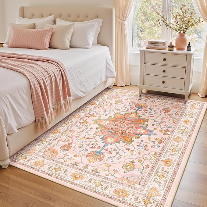 RELEANY Area Rugs 4'x6' Washable Non-Slip, Floral Vintage Distress Print Pattern Medallion Carpet for Living Room Bedroom Dining Room, Light Pink Colorful