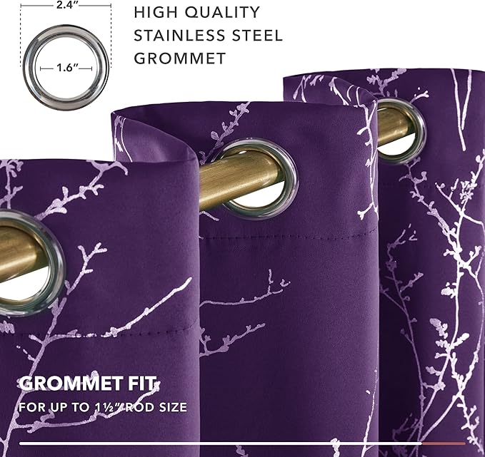 Deconovo Blackout Curtains, Purple Curtain, Thermal Insulated Soundproof Grommet Drapes, Silver Tree Foil Print, 52 x 63 Inch, 2 Panels, Machine Washable Window Panel for Living Room Bedroom Office