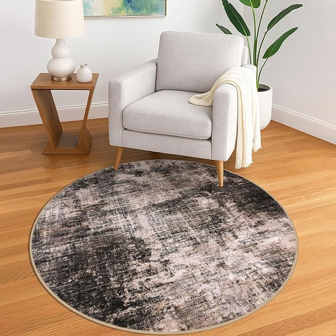 IOHOUZE Round Area Rug 5 Ft Circle Entryway Rugs Round Washable Door Mat Indoor Entrance, Non Slip Circle Front Door Rug, Printed Abstract Faux Wool Floor Carpet for Foyer Porch Sink, Brown/Rust