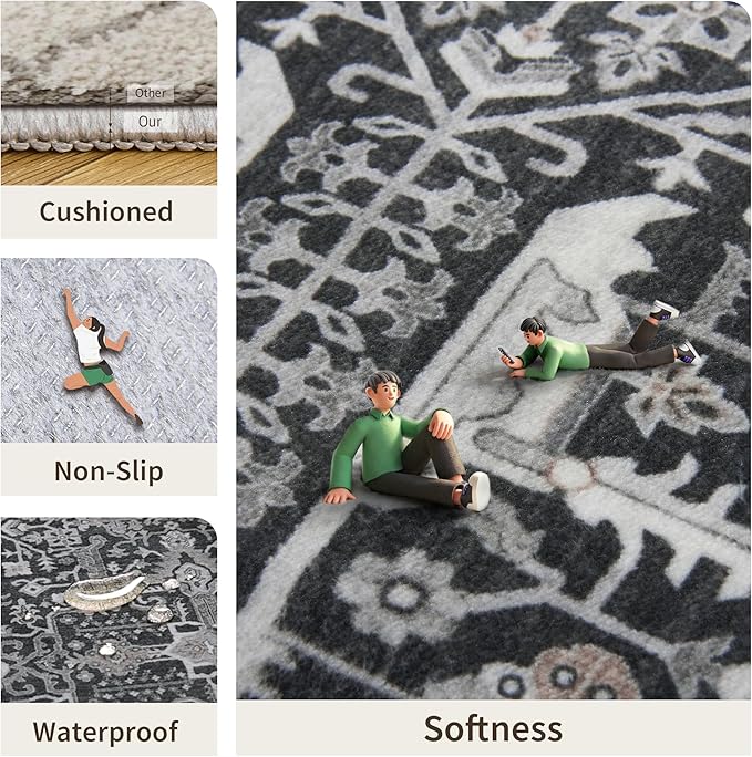 Hallway Washable Runner Rug 2x12 - Non Slip Vintage Kitchen Runner Rugs for Entryway Low-Pile Waterproof Long Runners for Living Room Bedroom Medallion Indoor Floor Mat for Bathroom Laundry Black
