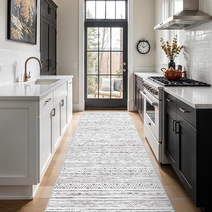 3x7 Washable Hallway Runner Rug - Moroccan Non-Slip Indoor Table Long Runners for Entryway Soft Low-Pile Neutral Rugs for Kitchen Waterproof Geometric Carpet for Bedroom Bathroom Laundry 3x7 Grey