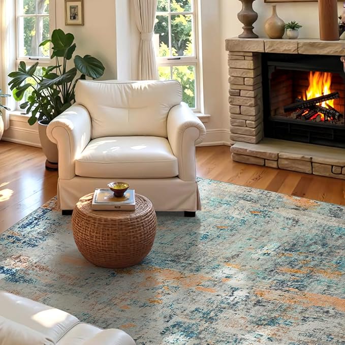 Entryway Rug 3x5 Blue Bedroom Area Rug Washable Non Slip Abstract Boho Rugs for Indoor Entry, Kitchen, Classroom, Bathroom, Kids Girls Room, Office, College Dorm Small Carpet