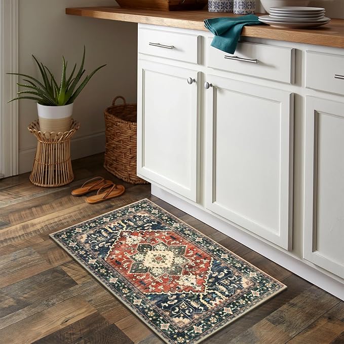 Yamaziot Washable Area Rug, 2x3 Small Entryway Rug Non-Slip Boho Vintage Rug with Rubber Backing, Low Pile Faux Wool Soft Distressed Floor Carpet for Indoor Door Mat, Kitchen, Laundry Bathroom
