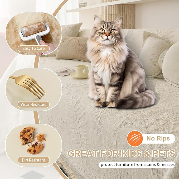 HANDONTIME Washable Couch Covers for Sofa Boho Couch Covers for 3 Cushion Sofa Pet Friendly Beige Chenille Jacquard Couch Protector for Dogs Plant Branch Sectional Cover Sofa Slipcovers, 71" X 134"