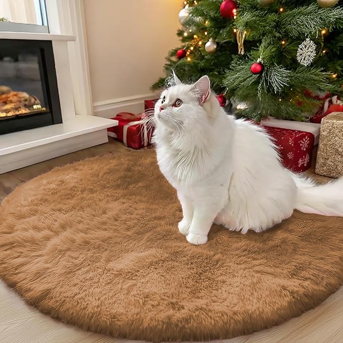 OLANLY Khaki Round Rugs for Bedroom - Machine Washable, 3 ft Circle Area Rugs for Living Room, Soft and Fluffy Shaggy Carpet for Teen Girl and Boys, Nursery Rooms, Dorms, Home Decor Aesthetic
