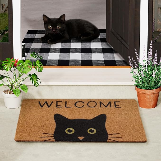 UINI Door Mat Combo Set, 28" x 43" Plaid Mat +17" x 30" Black Cat with Green Eyes Doormat, 2 PCS Welcome Mat Set for Front Door, Entrance, Porch Decor, Non-Slip