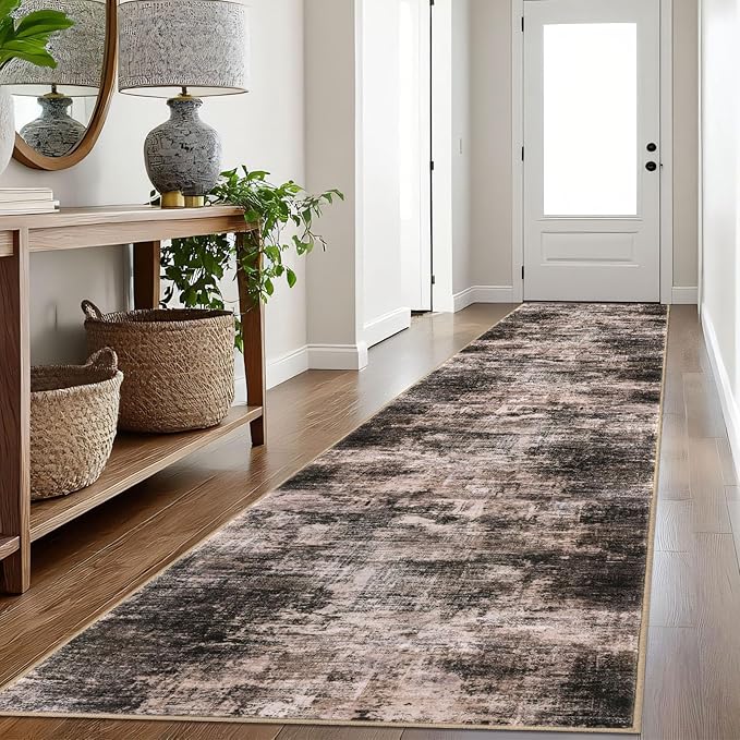 IOHOUZE Abstract Runner Rug 3x16 Ft Washable Runners for Hallways, Non Slip Kitchen Runner Printed Faux Wool Entryway Runner Indoor, Modern Abstract Floor Carpet for Hall Stair, Brown/Rust