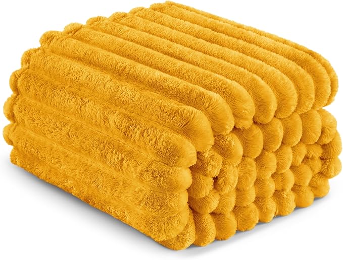 Exclusivo Mezcla Queen Size Flannel Fleece Blanket, Super Soft Striped Jacquard Bed Blanket, Lightweight Fuzzy Cozy for All Seasons, 90x90 Inches, Mustard Yellow