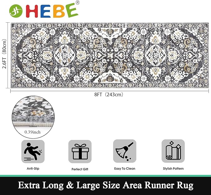 HEBE Hallway Runner Rug 2'8''x8' Washable Vintage Distressed Area Rugs Non Slip Laundry Rug Runner Boho Floor Carpet Runners for Hallways Entryway Laundry Room Kitchen Bathroom
