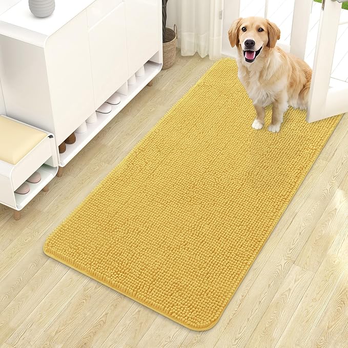 OLANLY Dog Door Mat for Muddy Paws 44x24, Absorbs Moisture and Dirt, Absorbent Non-Slip Washable Doormat, Quick Dry Chenille Mud Mat for Dogs, Entry Indoor Entryway Carpet for Inside Floor, Yellow