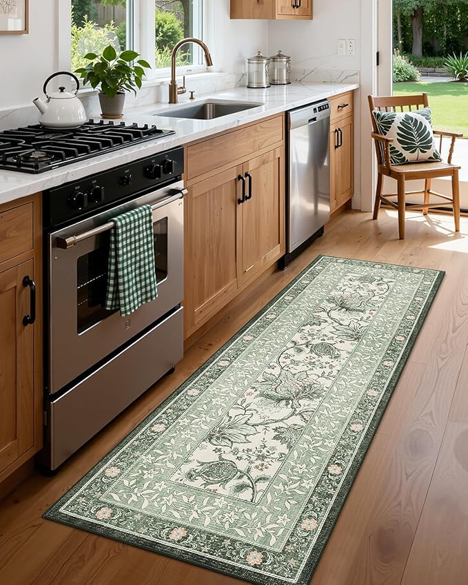 GarveeHome Sage Green 2x6 Washable Kitchen Runner Rugs Non Slip Provence Vintage Boho Cottage Long Rug for Hallways Bedroom Entryway Bathroom Mat with Rubber Back