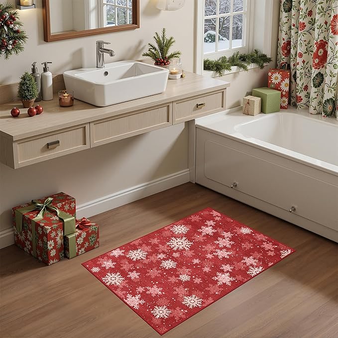 2x3 Christmas Doormat for Entryway, Washable Christmas Rugs Bathroom，Snowflake Front Porch Runner Rug，Non-Slip Red and White Christmas Decor Indoor(2'x3', Red/White)