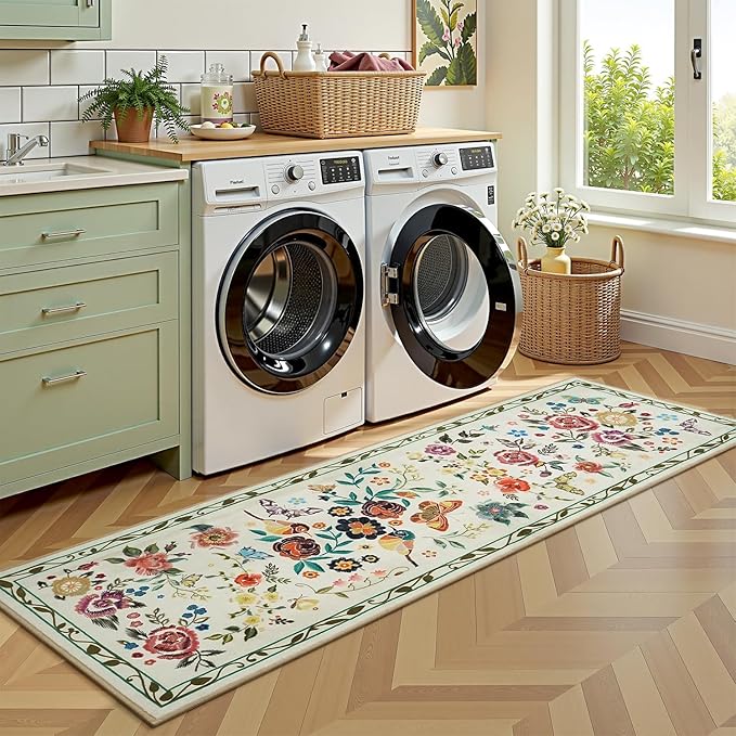 Rugflix 2x6 Runner Rug for Hallway, Washable Kitchen Runner Non Slip, Soft Low Pile Entryway Carpet, Vintage Floral Stain Resistant Long Laundry Room Rugs for Bedroom, Stairs, Beige Yellow