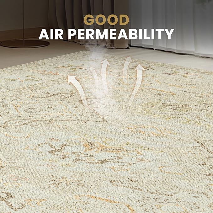 Washable Rugs 8x10 Area Rugs for Living Room-Light Brown Rugs for Bedroom,Dining Room, Large Soft Low Pile Vintage Carpet with Non Slip Rubber Backing,Neutral Accent Rug for Nursery Home Office