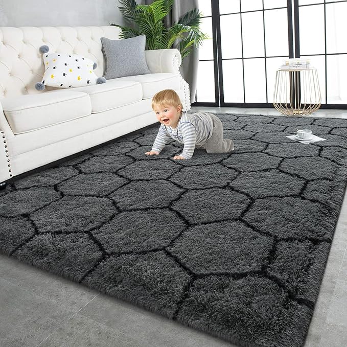 TWINNIS Super Soft Shaggy Rugs Fluffy Carpets, 6x9 Feet, Indoor Modern Plush Area Rugs for Living Room Bedroom Kids Room Nursery Home Decor, Upgrade Anti-Skid Rectangular Fuzzy Rug, Dark Gray