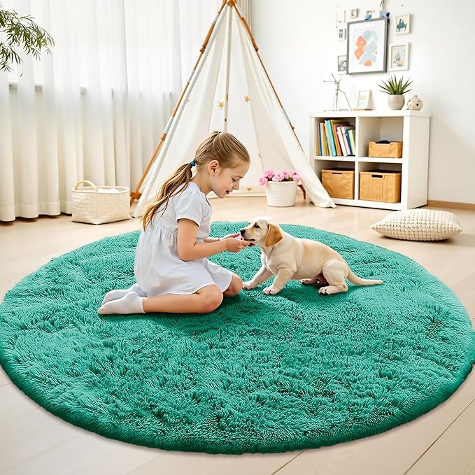 OLANLY Teal Green Round Rugs for Bedroom - Machine Washable, 8 ft Circle Area Rugs for Living Room, Soft and Fluffy Shaggy Carpet for Teen Girl and Boys, Nursery Rooms, Dorms, Home Decor Aesthetic