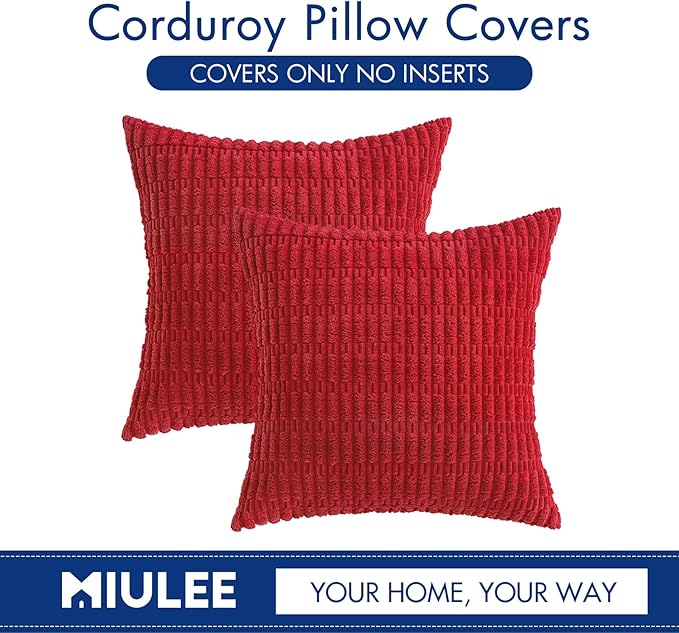 MIULEE Pack of 2 Red Corduroy Decorative Pillow Covers 12x12 Inch Soft Boho Striped Throw Pillow Covers Modern Farmhouse Home Decor for Sofa Living Room Couch Bed