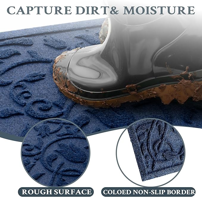 Boho Blue Floral Leaves Outdoor Indoor Entrance Doormats, Absorbent Durable Heavy Duty Welcome Front Door Mat,Thick Natural Rubber Back,Easy Clean Entryway Mat 23x35 Inch, Low Profile